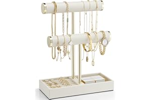 Vlando Jewellery Stand, 2 Tier Jewellery Oragniser with Jewellery Tray, Necklace Stand Bracelet Holder, Jewellery Holder for Earrings Rings,Beige