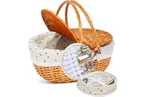 ‎HYBDAMAI HYBDAMAI Picknickkorb-Set aus Weide für 4 Personen mit Deckel und Griff. Picknickkorb mit waschbarem Futter und Besteckset für Outdoor, Camping, Halloween, Weihnachten und Geburtstag
