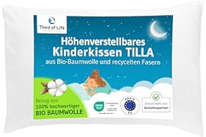 ‎THIRD OF LIFE Third of Life Kinder Kissen 40x60, Oekotex-Zertifiziert, Höhenverstellbares Kinderkissen ab 3 Jahre, Kinderkopfkissen TILLA, Weiches Kopfkissen mit Bio-Baumwolle