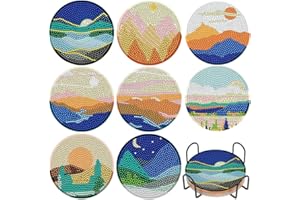 SOEWIOU Boisson Dessous sous Verres Rond, Paysage DIY Dessous de Verre avec Support, Réutilisable Tapis de Tasse Diamant Peinture Design Coussin pour la Maison, Bureau, Bar et Restaurant