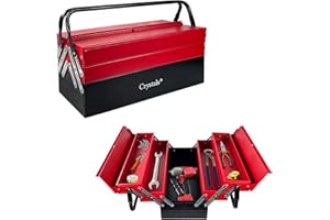Crystals 3 Tiers - 5 Trays Metal Tool Box, Cantilever Organiser Storage Box for Garage Home Tools, Toolbox - Red (47 x 32 x 20cm)