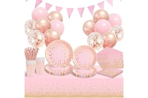 GOLDNICE Party Tableware Pink and Gold 20 Guests Paper Tableware Set, Paper Plates Napkins Cups Straws Tablecloth Balloons for Wedding Engagement, Baby Shower, Kids Girls Birthday Party Supplies Decorations
