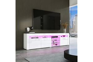 T AUNTY STORE Modern TV Stand for Living Room with LED Lights 3 Doors Storage, High Gloss White TV Stand, TV Entertainment Center for Home Furniture, Television Stands 180cm