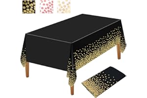 NEBURORA 1 Pack Black and Gold Party Tablecloth Plastic Tablecloth 137x274cm Gold Dot Confetti DisposableTable Cover Rectangular Party Table Cover for Picnic, Baby Shower, Halloween, Birthday