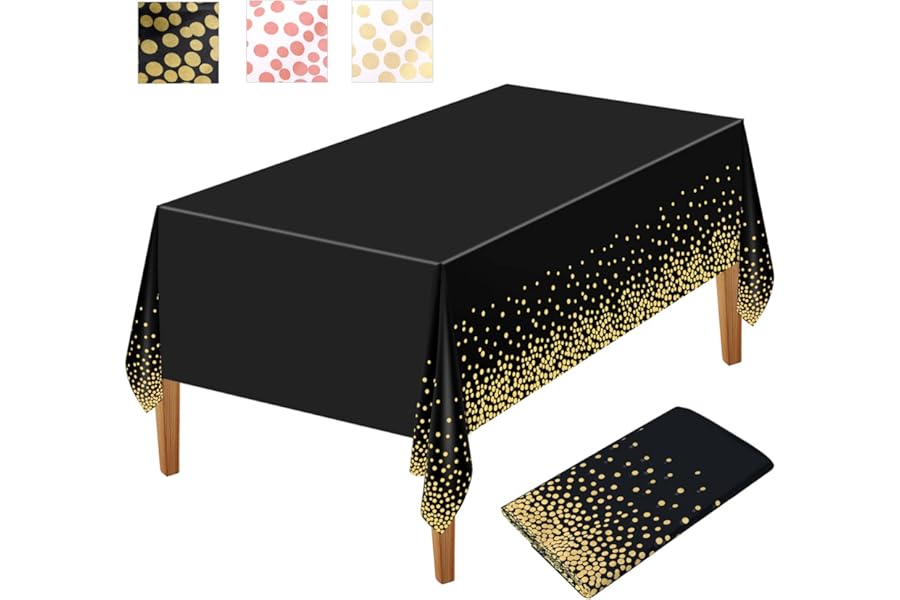 NEBURORA 1 Pack Black and Gold Party Tablecloth Plastic Tablecloth 137x274cm Gold Dot Confetti DisposableTable Cover Rectangular Party Table Cover for Picnic, Baby Shower, Halloween, Birthday