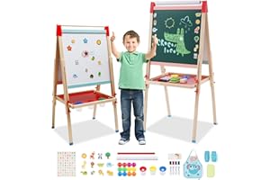 MAYCOLY Caballete para Niños, Caballete de Arte de Madera Ajustable en Altura con Pizarra y Pizarra Blanca, Rollo de Papel, Bandeja de Almacenamiento y Pegatinas de letras Accesorios, para Niños y Jóvenes 3+