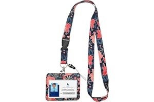 SCOLLIA Porte carte d'identification (travail, transport, infirmière, enfant, cantine) horizontal, cordon tour de cou (Lanyard) et porte badge personnalisé (fleurs). (Fleurs orange)