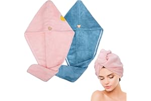 umorismo 2 Stück Turban Handtuch Mit Knopf Trockenhauben für Haare Schnelltrocknendes Handtuch Kinder Handtücher Schnelltrocknend Haarturban Mikrofaser für Alle Haartypen(Rosa,Hellblau)