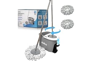 delka Spin Mop and Bucket Set – Easy Foot Pedal Water Removal, 360° Swivel Motion, Includes 2 Microfibre Mop Heads, All-Surface Cleaning, Splash Guard for Clean Mopping – Mop and Buckets Sets