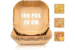 Papel Freidora Aire, Cunbayi 100 Piezas Papel Freidora Aire Cuadrado, Papel Horno Freidora Aire Desechable Forro de Papel Pergamino Antiadherente para Freidora Hornear Asar y Microondas Sartén (20cm)