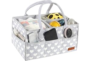 ‎WHATWEARS WHATWEARS Baby Windel Caddy Organizer, Hellgrau Windel Korb Organizer, Tragbare Filz Windel Organizer mit 3-Compartment, Wechselbaren Fächer und 8 Taschen(Herzmuster)