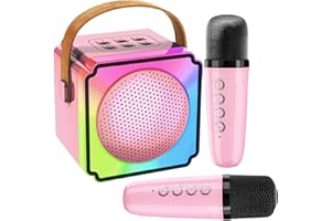 Joycome Karaoke Enfant avec 2 Microphones, Micro Portables Karaoké sans File, Jouet de Karaoké Bluetooth avec Voix Change et LED Lumière pour 3-12 Enfant Fille Cadeau Chanter Adulte - Rose