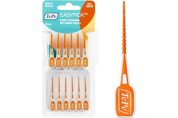 TePe EasyPick Cure-dents, Orange, ISO XS-S, 36pcs, élimine la plaque dentaire, nettoyage efficace entre les dents, cure-dents éco-responsables pour les espaces très serrés, étui de voyage inclus