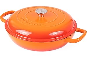 Shallow Cast Iron Casserole with Lid – Non Stick Dutch Oven Pot, Oven Safe up to 500° F – Sturdy Ovenproof Stockpot Cookware – Enamelled Cooking Pot – Orange, 3.7-Quart, 30cm – by Nuovva