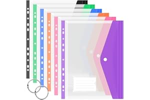 JEFURE A4 Plastic Wallets 6PCS, Colorful Punched Pockets, Expandable Plastic Folders with Label Pocket, Button and Ring Binders, Suitable for Office, School, Home