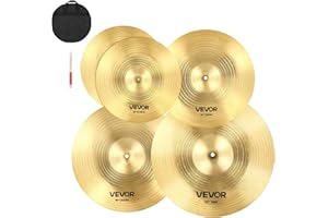 VEVOR Ensemble de Cymbales Batterie, Cymbale Charleston 355 mm, Crash 400 mm et 455 mm, Ride 505 mm, avec Baguettes, Sac de Rangement, Lot de 4 Cymbales Alliage pour Batteur, Couleur Cuivre Brillant
