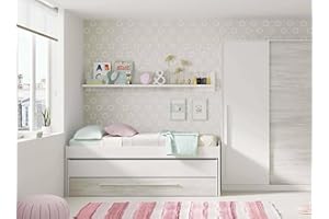 Dmora Bambini Sunnyvale, Struttura cameretta, Letto Singolo con Lettino Estraibile, cassettone e mensola, 199x96h65 cm, Bianco, 15mm, Pannello melaminico 22mm, Vetro