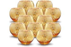 GUIFIER Juego de 12 Candelabros de Velas en Cristal Soporte para Portavelas para Velas LED de té Portavelas de Cristal Dorado 2" H Candelita Candelero Oro Vidrio Mercurio para decoración del hogar