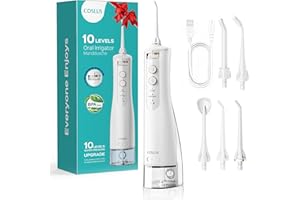 COSLUS Hydropulseur jet Dentaire Portable Dentaire Irrigateur Oral, 300 ML Sans Fil Hydropulseur 10 niveaux de contrôle doux, Rechargeable et Étanche IPX7 Vainqueur du Test, Blanc