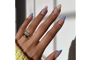 JUSTOTRY 24 Pcs Almond Fake Nails Short, Light Blue Stick on Nails with Flower Designs, Nude French False Nails Short, Oval Press on Nails for Women, Nail Fake Nail with Glue for Nails Art