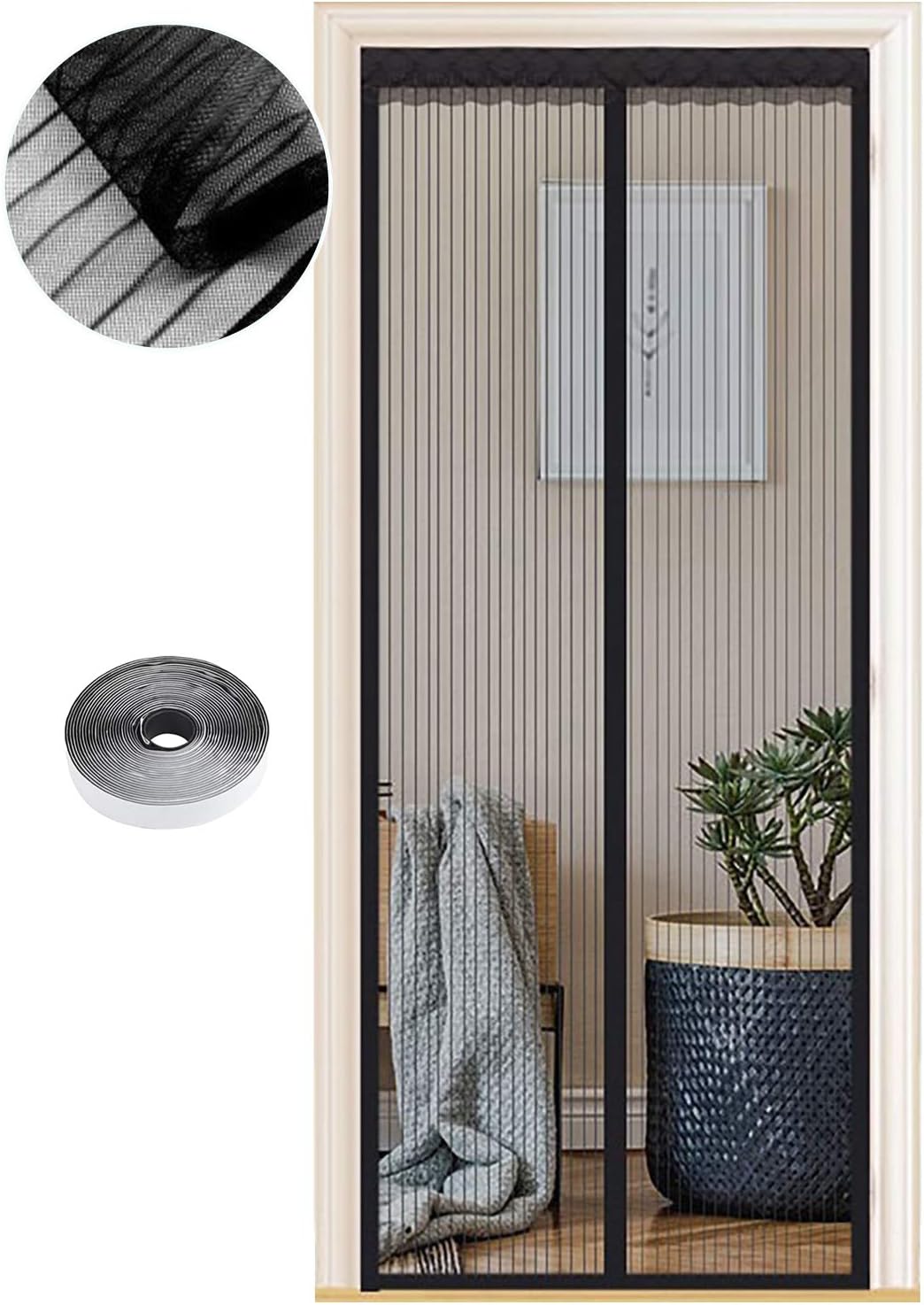 Mosquitera Puerta Magnetica 105 x 205 cm, Varios Tallas, Cortina Mosquitera Puerta Exterior, Cierre automático, No Requiere Herramientas, Fácil de Instalar, Rayas Negras