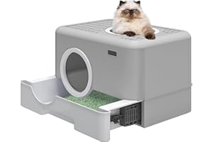 YITAHOME Arenero Gatos Cubierto, Caja de Arena para Gatos, Arenero Gato con Bandeja Extraíble, Arenero Gatos Grande con Cajón Pala, Cagadero Gatos Cerrado, Arenero para Gatos (Gris)