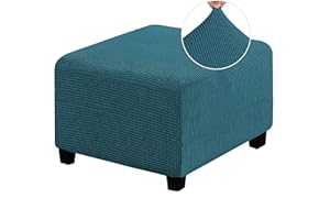 HJLRR Square Ottoman Cover, Feature Stretch Thick Soft Jacquard Fabric Footstool Protector Covers, Removable Anti-Slip Furniture Protectors Storage Foot Stool,Teal,M