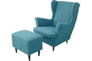 JHLD Stretch Husse für Ohrensessel Mit Ottomane Schonbezug, 2 Stück Husse für Ohrensessel Jacquard Ohrensessel Schonbezug Hockerbezug Für Hunde Katzen -Blaugrün-3 Stück