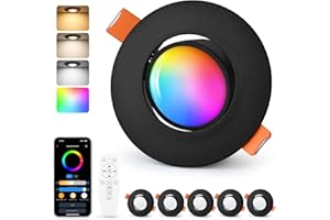GeyouLux Spots Encastrables LED RGB, Spots Intelligents 230V 2700K-6500K Dimmables avec Application et Télécommande, 68-80mm 5W IP44 Ultraplats, Orientables à 45°Noirs pour Salle de Bains, 6 Pièces