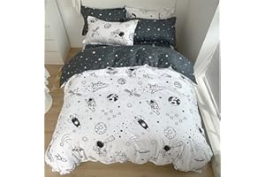 Koudi Children's Bed Linen 135 x 200 cm Space Children's Bed Linen Boys White Black Rocket Stars Planets Astronate Space Pattern Duvet Cover Zip with Pillowcase 80 x 80 cm