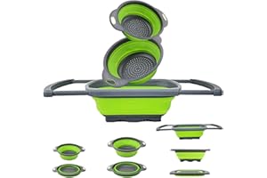 EigPluy Colador Silicona Plegable para Fregadero de Cocina,Juego de 3 Coladores para Cocina con Mangos Extensibles, Plegables Cesta de Colador, Drenar Pasta,Verduras,Frutas(Verde)
