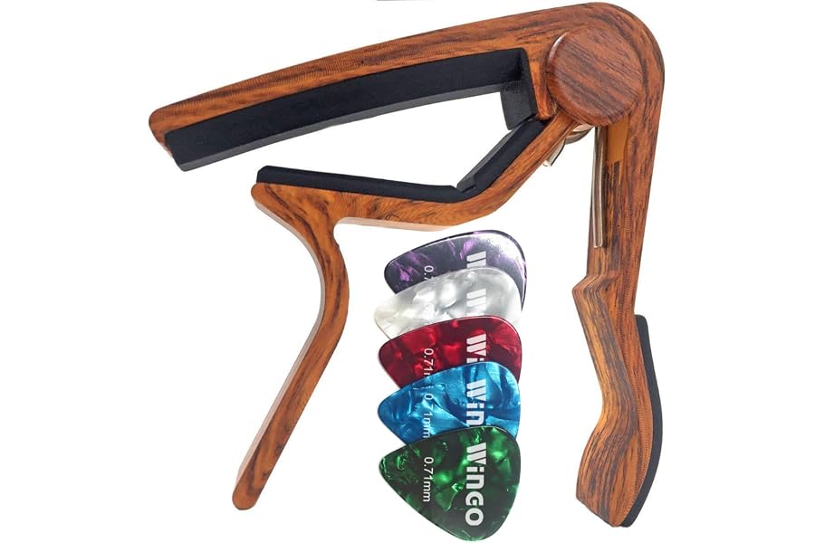 WiNGO Capodastre Guitare Électrique Acoustique, Couleur Bois, 5 Médiators | Alliage Capo de Guitare pour Guitares Folk 6 Cord