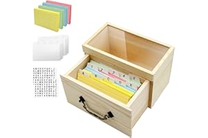 Daily Treasures Wooden Index Card Box Set,200 Coloured Flash Cards(5"X3") &10 Card Dividers&2 Stickers Labels,Indexcard Organiser with Clear Top,Pull-Out Drawer Design for Study/Office/School Supplies