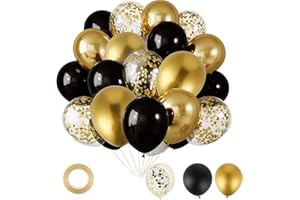 WQDD STANPET 50 Stück Luftballons Schwarz Gold – 12 Zoll Schwarze Latex, Gold Metallic & Schwarz Gold Konfetti-Luftballons mit Band, Party Deko für Geburtstag, Hochzeit, Kinder, Baby Shower