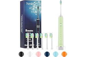 7am2m Sonic Electric Toothbrush with 6 Brush Heads for Adults and Kids, Wireless Fast Charge, One Charge for 60 Days,5 Modes with 2 Minutes Built in Smart Timer, Electric Toothbrushes(Green)