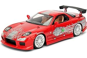 Jada Toys Fast & Furious Dom's 1993 Mazda RX-7 FD3S-Wide Body, model tuningu w skali 1:24, ze spojlerem, otwierane drzwi, maską silnika i bagażnikiem, wolny bieg, czerwony