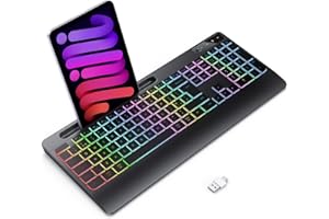 TECURS Wireless Keyboard - 2.4G Wireless Gaming Keyboard Wirst Rest with Phone Holder, QWERTY UK Layout, Multimedia, LED Backlit, Silent Keyboard for MAC/Windows