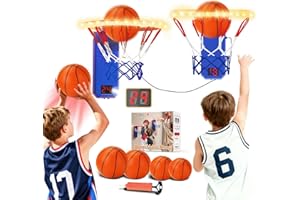 VATOS Juego de 2 juguetes de aro de baloncesto LED – Mini juguete de baloncesto para interiores para niños con 2 modos de juego, efecto de sonido, puntuación automática y 4 bolas, aro de baloncesto