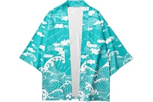 CIZEUR Hombre Hippie Camisa Kimono Japonés Estampado Holgado Manga 3/4