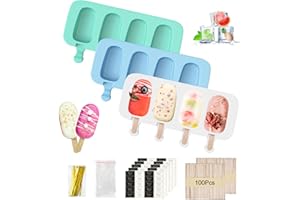 OBCARN 3 Groß Silikon Eisformen Eis Am Stiel, 4 Kavitäten Cakesicles Silikonform, Wiederverwendbare Magnum Cake Form mit 100 Holzstielen 50 Selbstklebende Beutel 100 Verpackungsdraht 100 Aufkleber MERHWEG