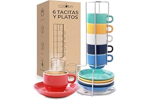 Cosumy Set de 6 Tazas de Espresso con Soporte con Platos Incluidos - Apilables - Aptas para Lavavajillas - Cerámica de Colores - 75ml