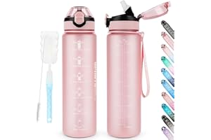 AOHAN Water Bottles 1L BPA Free Sport Drinking Bottle with Straw, Dishwasher Safe Lock Cover Leakproof Motivational Water Bottle with Time Markings, Non-Toxic Canteen Bottle (Light Pink)