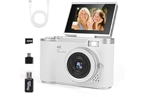 EUAKEE Aparat cyfrowy 1080p, aparat fotograficzny 48 MP, przenośny, kompaktowy aparat z ekranem 180°, ekran 2,4", zoom cyfrowy 8x, karta TF 32 GB, dla dzieci, nastolatków, studentów, początkujących (biały)