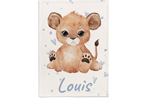 Couverture personnalisée pour bébé avec motif de lionceau et petits cœurs, nom et couleur du motif au choix