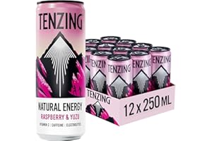 TENZING Natural Energy Drink, Plant Based, Vegan, & Gluten Free Drink, Raspberry & Yuzu, 250ml (Pack of 12) - Packaging may vary