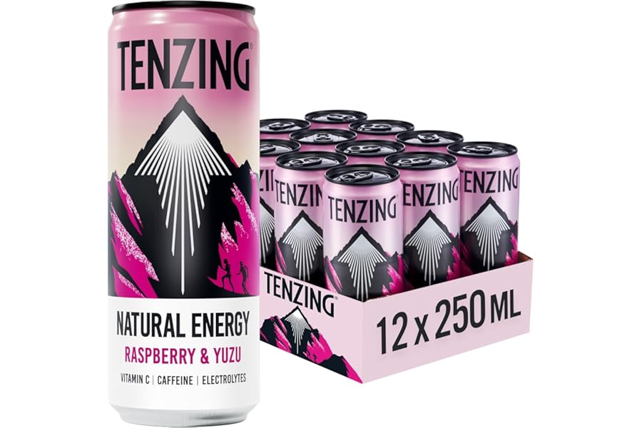 TENZING Natural Energy Drink, Plant Based, Vegan, & Gluten Free Drink, Raspberry & Yuzu, 250ml (Pack of 12) - Packaging may vary