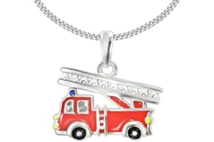 Clever Schmuck Parure de bijoux avec petit pendentif camion de pompier, vernis noir rouge et jaune, avec chaîne gourmette 40 cm en argent 925 pour enfant