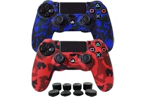 Hikfly Silicone Controller Cover Skin Protector Case Faceplates Kits for Sony Playstation 4 PS4/PS4 Slim/PS4 Pro Cntroller Video Games(2x Camouflage Cover with 8 x FPS Pro Thumb Grips Caps)(Blue,Red)
