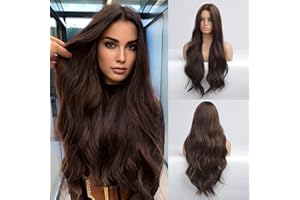 Haircube, Parrucca da donna con capelli sintetici lunghi ricci, colore castano scuro, con riga centrale
