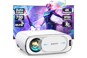 Beamer【Auto-Objektivdeckel/Auto-Fokus】 Full HD 1080P 750ANSI WiFi6 Bluetooth Jimveo Beamer 4K Unterstützt Projektor,Auto-6D Trapezkorrektur Heimkino Video Beamer kompatibel mit Smartphone/TV Stick